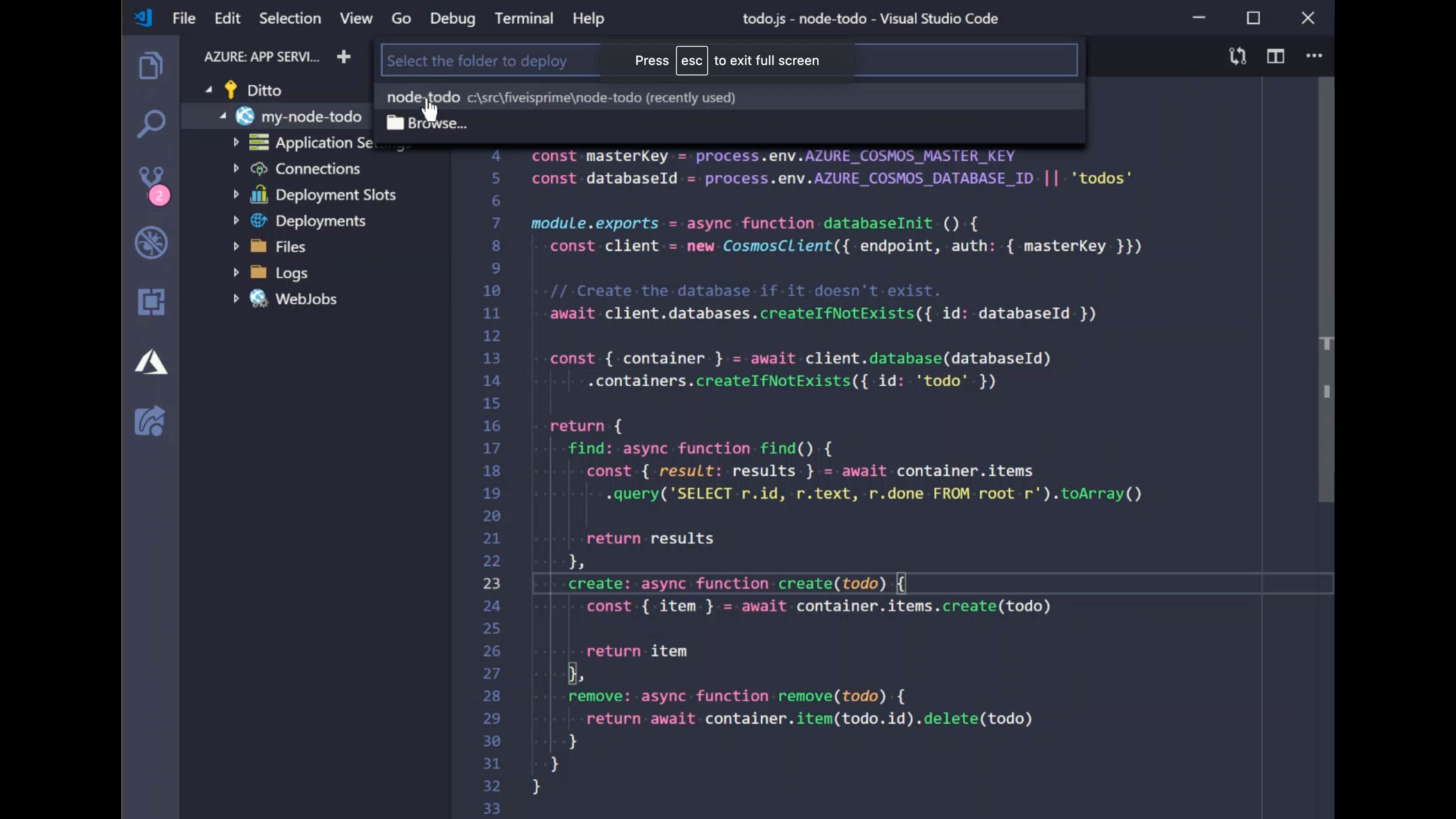Deploying a Node.js app to Azure with Visual Studio Code